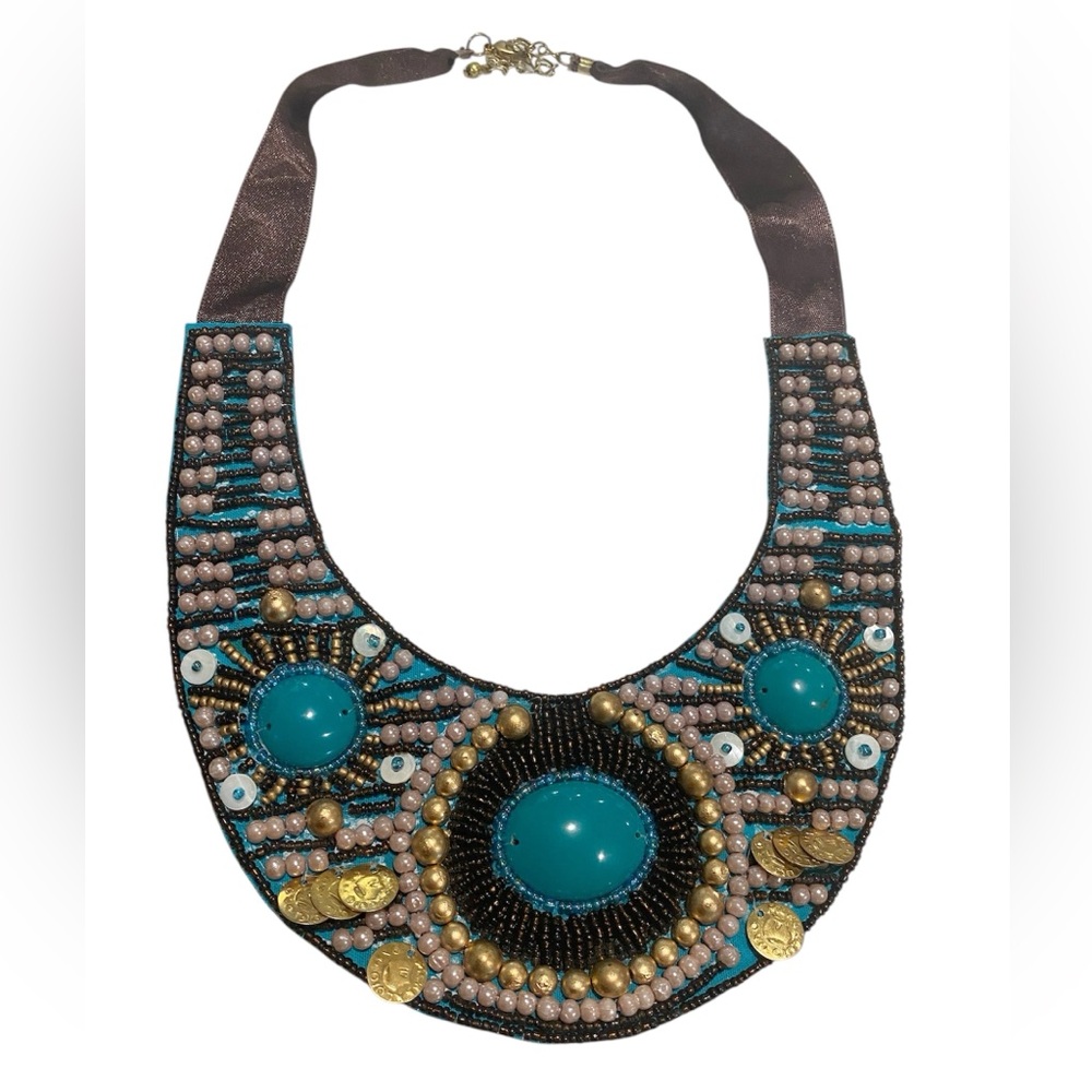 Bohemian Teal Beaded Mosaic Collar Necklace Gold Accents Festival Jewelry